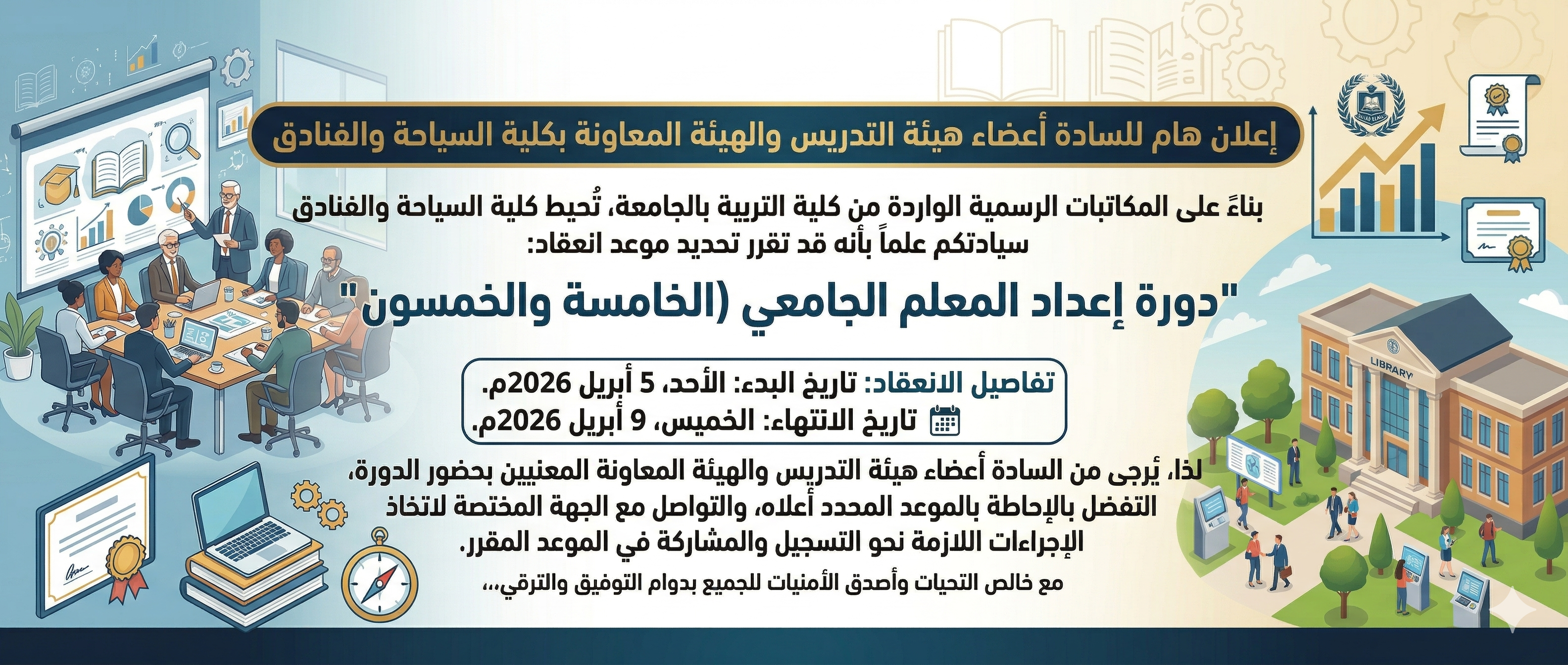 إعلان بشأن موعد انعقاد دورة إعداد المعلم الجامعي (الخامسة والخمسون)