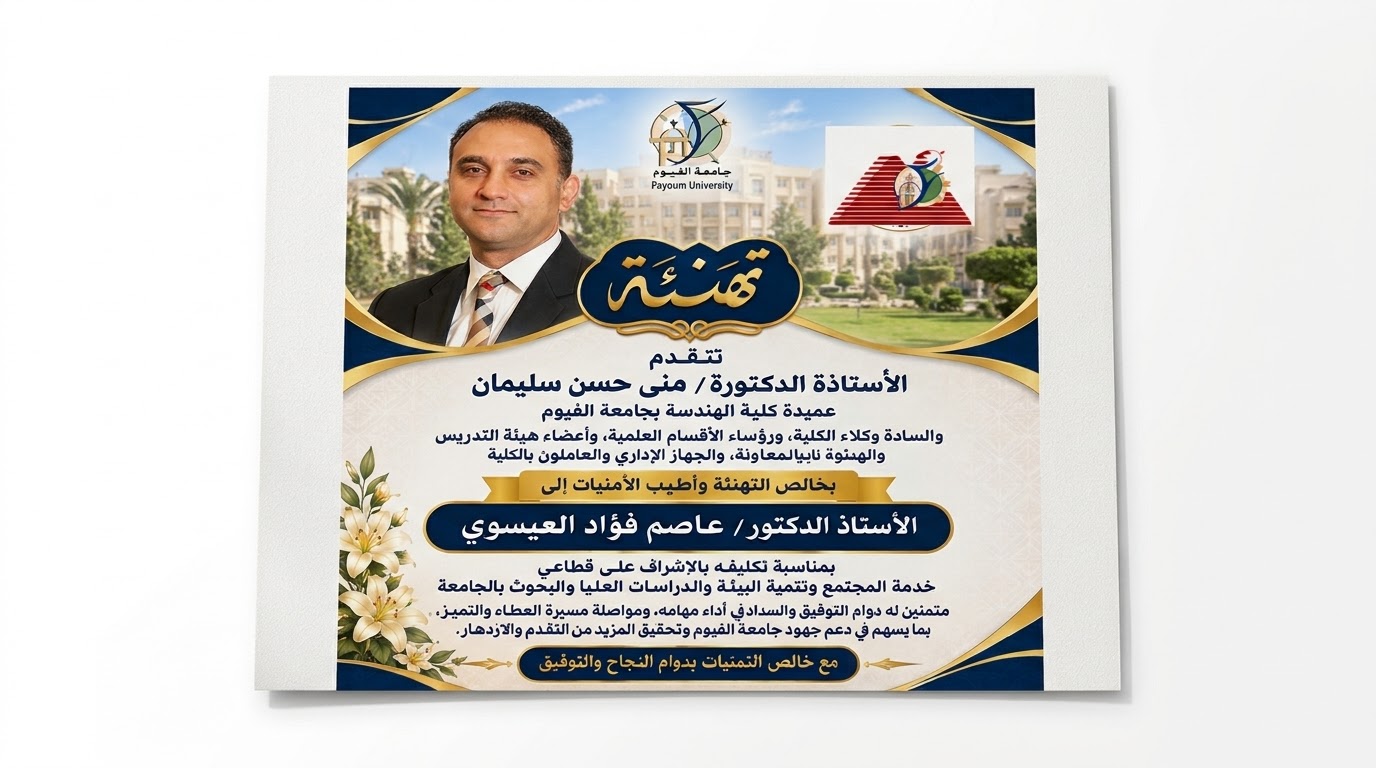 عميدة كلية الهندسة بجامعة الفيوم تهنئ الأستاذ الدكتور عاصم فؤاد العيسوي بمناسبة تكليفه بالإشراف على قطاعي خدمة المجتمع وتنمية البيئة والدراسات العليا والبحوث بالجامعة