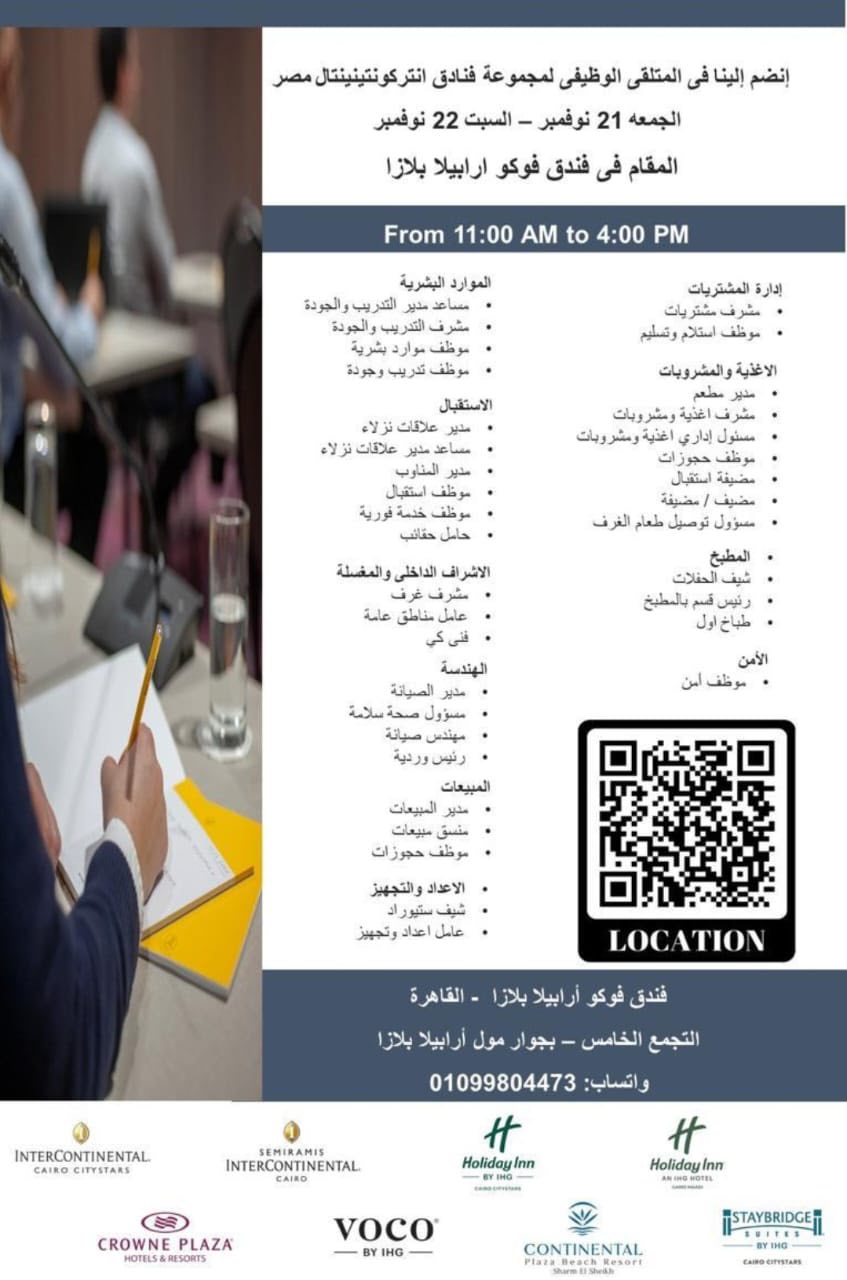 ملتقى توظيفي لخريجي السياحة والفنادق بالتعاون مع مجموعة فنادق إنتركونتيننتال مصر 