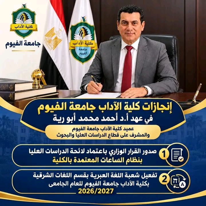 انجازات كلية الآداب جامعة الفيوم في عهد الأستاذ الدكتور أحمد محمد أبو رية عميد الكلية جامعة الفيوم للعام الجامعى 2025/2026