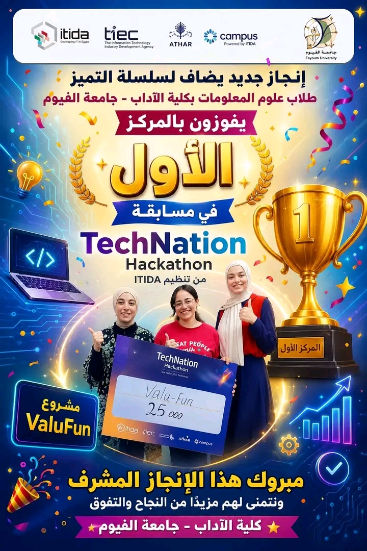 طلاب علوم المعلومات بآداب الفيوم يحصدون المركز الأول في TechNation Hackathon بمشروع "ValuFun"