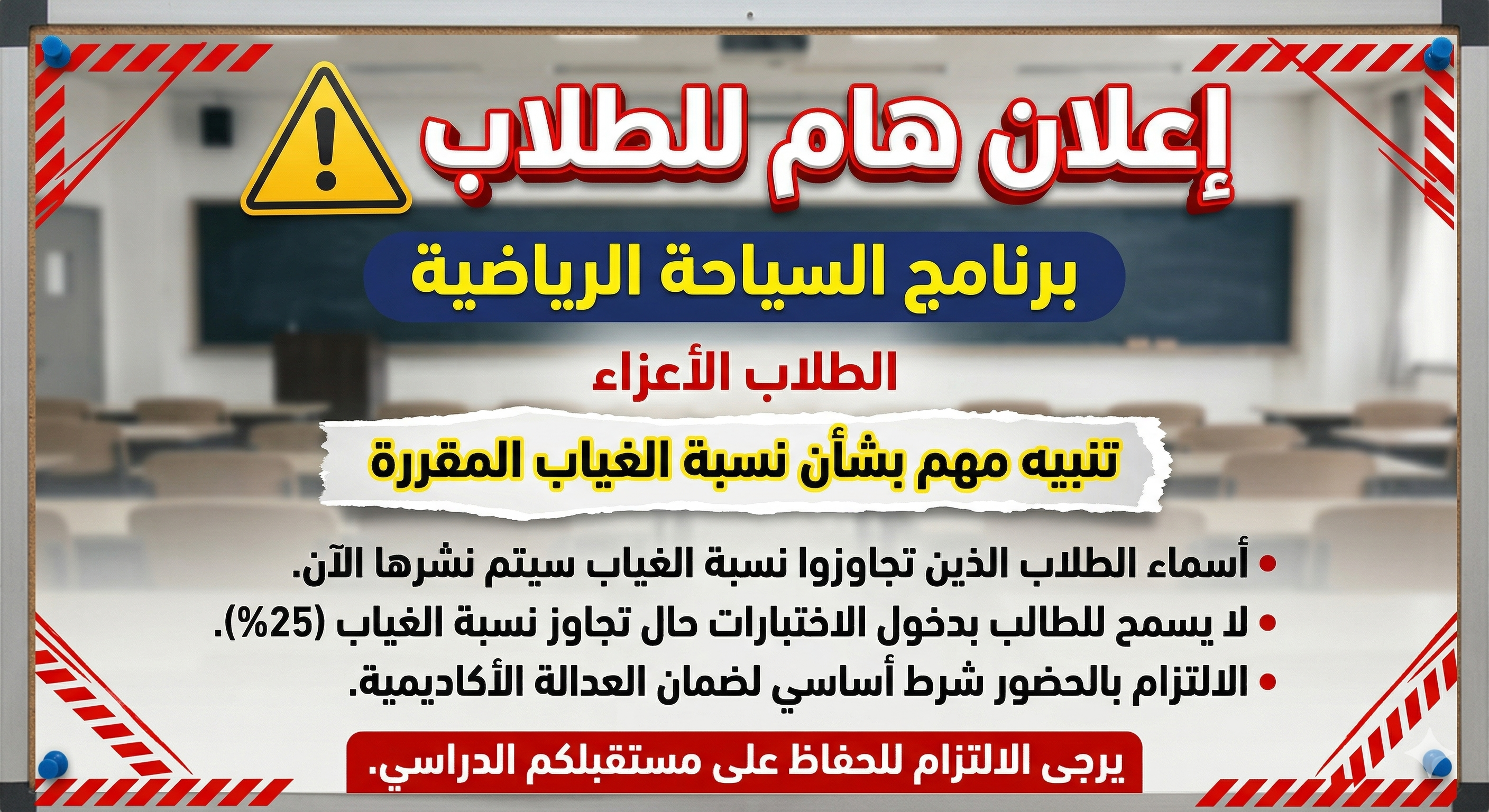 تنبيه إداري للطلاب: تجاوز نسبة الغياب يحرم من دخول الامتحانات